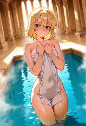 3: ai_assisted ai_generated backlighting bath bathing blonde_hair blue_eyes blush breasts closed_mouth collarbone column covered_navel covering_breasts covering_privates embarrassed female hair_between_eyes hands_up holding holding_towel indoors looking_at_viewer medium_breasts medium_hair nude nude_cover onsen otoko_no_ko partially_submerged pillar ripples short_hair solo standing steam thighs tile_floor tiles towel uncensored wading water wet white_towel