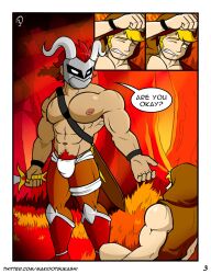 bara blonde_hair bulge clothing comic english_text gay makidotsukashi male male/male male_nipples male_only mask masked masked_male muscular_male nipples red_hair text