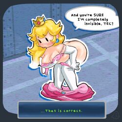 1girls alternate_version_at_source ass blush bra cleavage dress dress_down english_text female female_only full_body mario_(series) nipple_slip panties panties_down paper_mario paper_mario:_the_thousand-year_door paper_peach paper_peach_invisible_intermission phantomdame pov princess_peach solo solo_female sweat tec-xx text thighhighs tricked undressing