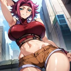 1girls ai_generated alternate_breast_size big_breasts bostin breasts busty code_geass curvaceous curvy curvy_body curvy_female curvy_figure female huge_breasts kallen_stadtfeld large_breasts nipples outdoors shorts solo sweat sweating sweaty sweaty_body sweaty_breasts thick_thighs thighs