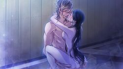 ass ass_grab black_hair blonde_hair blush breast_press breasts closed_eyes female game_cg highres indoors kissing large_breasts legs long_hair nude pale_skin parted_lips partially_submerged penetration ranpumi saliva sex standing steam sweat tears thighs vaginal_penetration water yoshiwara_higanbana