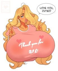 1female 1girls artist_name babie_fluff blonde_female blonde_hair blonde_hair_female clothed daphne_(babie_fluff) english_text female female_only fully_clothed human human_female human_only original_character pink_shirt shirt sole_female speech_bubble text text_bubble twitter_link yellow_hair yellow_hair_female