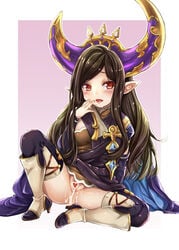 arulumaya black_hair black_legwear blush boots censored female granblue_fantasy hair hat headgear heart heart_censor high_heels long_hair looking_at_viewer mushi024 no_panties pointy_ears pubic_hair pussy_juice red_eyes sitting solo thighhighs tongue tongue_out