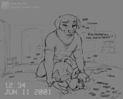 2_fingers adam_wan anthro anthro_on_anthro anthro_only anthro_penetrated anthro_penetrating anthro_penetrating_anthro anthrofied bed bedroom closed_eye clothed clothed_male_clothed_female cub cum cum_in_ass cum_inside dialog dialogue dialogue_box dog doggy_style doggystyle dogs furry_only grabbing_hand hetero_sex heterosexual indoors indoors_sex male/female moan moaning moaning_in_pleasure muscular_male nighttime no_humans no_panties no_pants penis_in_ass salivating size_difference sketch straight straight_sex sweat sweatdrop sweating tongue_out watch weight_difference zaush