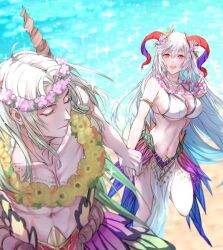 1boy 1girls alternate_costume armlet beach bikini breasts brother_and_sister cleavage curled_horns female fire_emblem fire_emblem_heroes flower flower_necklace freyja_(fire_emblem) freyja_(summer)_(fire_emblem) freyr_(fire_emblem) freyr_(summer)_(fire_emblem) goat_horns gold_armlet highres holding_hands horns large_breasts male navel nintendo ocean official_alternate_costume outdoors pelvic_curtain red_horns siblings swimsuit t_misaomaru underboob white_bikini white_swimsuit