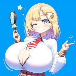 ai_generated ameanon big_breasts black_bra blonde_hair blue_eyes bra breasts center_opening hololive hololive_english hololive_myth huge_breasts large_breasts mole_on_breast one_eye_closed paizuri_invitation partially_unbuttoned unbuttoned unbuttoned_shirt virtual_youtuber vtuber watson_amelia wink