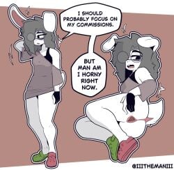 2026 anthro artist ass clothed clothing crocs english_text eye_bags eyewear female fingers footwear fur genitals glasses gloves grey_hair hair handwear hi_res lagomorph leporid mammal motion_lines multiple_poses pose rabbit simple_background solo spread_vulva spreading standing text the_man tired_eyes topwear vulva white_body white_fur