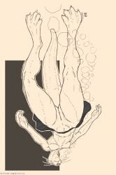 2025 abstract_background anthro arcr-cric artist_name bottomwear breasts bubble claws clothed clothing digital_media_(artwork) feet female finger_claws genitals hi_res mammal membrane_(anatomy) monochrome mustelid nipples no_underwear otter signature skirt solo tail text toe_claws toes topless topless_anthro topless_female underwater upside-down upskirt url vulva water webbed_feet whiskers