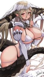 bikini blush curvy dragon_girl dragon_horns dragon_tail frilled_collar frilled_gloves hands_on_chest huge_breasts huge_thighs large_tail light_brown_hair original original_character red_eyes sessue signature slender_waist thick_thighs voluptuous wide_hips