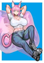 abs absurdres animal_ears arms_behind_head bell blush breasts cat_ears cat_girl cat_tail choker cleavage commission denim female ghgnvm green_eyes highres jeans large_breasts muscular muscular_female neck_bell oerba_yun_fang original pants pillow pink_hair pixiv_commission short_hair solo tail