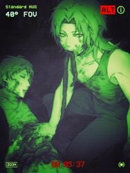 2boys atou_haruki blood blood_on_chest blood_on_clothes blood_on_face blood_on_hands closed_eyes closed_mouth commentary disembowelment green_theme guro highres intestines male_focus medium_hair monochrome multiple_boys nekohashiyuu pants parted_bangs recording red_pupils saibou_shinkyoku shinano_eiji short_hair spot_color symbol-only_commentary tank_top