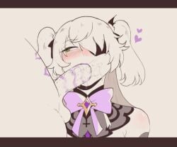 blush cum eyepatch fellatio female fischl_(genshin_impact) genshin_impact light-skinned_female light-skinned_male lipstick_mark oral ribbons thiccwithaq