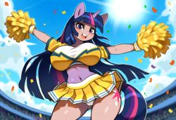 ai_generated cameltoe cheerleader cheerleader_uniform curvaceous female friendship_is_magic horse_girl large_breasts mullon my_little_pony novelai panties pom_poms public purple_body stadium stadium_background thick_thighs twilight_sparkle_(mlp)