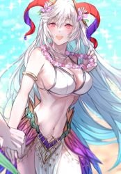 1boy 1girls alternate_costume beach bikini breasts breasts_day cleavage cropped curled_horns female fire_emblem fire_emblem_heroes flower flower_necklace freyja_(fire_emblem) freyr_(fire_emblem) freyr_(summer)_(fire_emblem) goat goat_horns gold_armlet good_breasts_day holding_hands horns large_breasts large_horns male nintendo ocean official_alternate_costume outdoors pelvic_curtain red_horns solo_focus swimsuit t_misaomaru thorns underboob white_bikini white_swimsuit