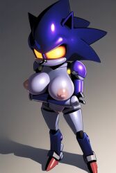 ai_generated anthro big_breasts blue_skin crossed_arms female genderswap_(mtf) glowing_eyes mecha_sonic metal_skin metallic_body naked nude nude_female perky_breasts pixai quills red_shoes robot robot_girl robot_humanoid rule_63 sega skinny slim sonic_(series) sonic_the_hedgehog_(series)