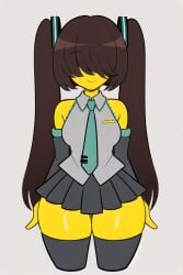 ai_generated alternate_costume armwear bangs bangs_over_eyes black_skirt black_thighhighs breasts brown_hair collared_shirt curvy cyan_tie deltarune female gray_shirt hairclips hatsune_miku_(cosplay) kris_(deltarune) kris_female_(deltarune) looking_at_viewer pixai skirt sleeveless smile smiling smiling_at_viewer tagme thick_thighs thighhighs tie twintails undertale_(series) upper_body yellow_skin