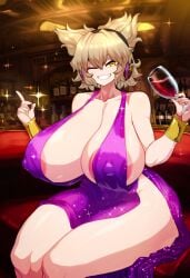 1girls 2d ai_generated alternate_breast_size areolae areolae_slip bar bare_legs bare_shoulders big_breasts bleached_blonde_hair blonde_hair bracelets breasts breasts_bigger_than_head cleavage dress earmuffs female hair_ears hips holding_object holding_wine_glass hourglass_figure huge_breasts large_breasts long_breasts looking_at_viewer nipple_bulge nipples nipples_visible_through_clothing no_bra one_eye_closed open_mouth pointing_up pointy_hair royalty short_hair sitting smakiel smile solo source thick_thighs thighs torpedo_breasts touhou toyosatomimi_no_miko voluptuous voluptuous_female wide_hips wine wine_glass yellow_eyes