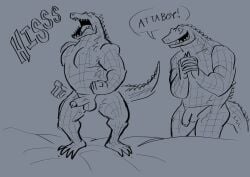 2025 alligator alligatorid anal anthro balls bed claws crocodilian dialogue digital_drawing_(artwork) digital_media_(artwork) duo erection fist flaccid furniture genitals growth hi_res hissing humanoid_genitalia humanoid_penis male markings mejeeeehhh monochrome muscle_growth muscular muscular_anthro muscular_male nude nude_anthro nude_male on_bed open_mouth pecs penis proud reptile scale_markings scales scalie sharp_teeth snout species_transformation teeth transformation