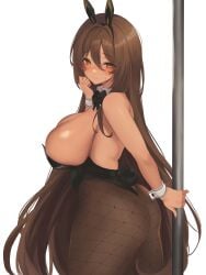 1girls ass blush brown_hair bunny_ears bunnysuit dark-skinned_female dark_skin female_only fishnets goddess_of_victory:_nikke huge_breasts long_hair noir_(nikke) orange_eyes pole pole_dancing sideboob sweatdrop white_background