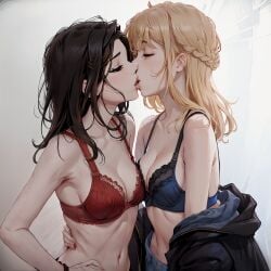 ai_generated anime_style carly_shay closed_eyes dark_bra jennette_mccurdy kissing miranda_cosgrove red_bra romantic sam_puckett stable_diffusion