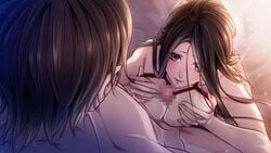 black_eyes black_hair blush bondage bondage breast_squeeze breasts censored collarbone female game_cg highres large_breasts long_hair looking_at_viewer mosaic_censoring nude paizuri parted_lips penis ranpumi sitting smile solo_focus yoshiwara_higanbana