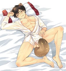 1boy abs animal_ears barefoot bed black_hair bottomless bulge doudanuki_masakuni licking looking_at_viewer male_only muscle naughty_face nipples pecs penis pillow pov scar solo sweat tail tongue touken_ranbu undressing yaoi