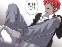 2boys akabane_karma assassination_classroom clothed_male feet footjob footjob_with_legwear grey_socks japanese_text male male_only multiple_boys penis red_hair sitting sockjob socks speech_bubble text yaoi