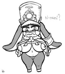 anthro big_breasts blush breasts clothing embarrassed female hat headgear headwear hi_res honkai:_star_rail lagomorph leporid littlescylla long_ears mammal mihoyo monochrome nipples pom-pom_(honkai:_star_rail) rabbit simple_background solo thick_thighs wide_hips