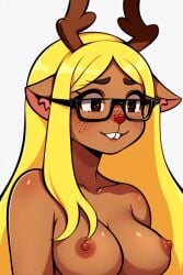 ai_generated antlers blonde_hair breasts brown_eyes buckteeth deer deer_ears deer_girl deltarune freckles freckles_on_face glasses long_hair naked nerd nerdy nerdy_female noelle_holiday nude pixai red_nose sidelocks simple_background smile smiling undertale_(series) upper_body yellow_hair