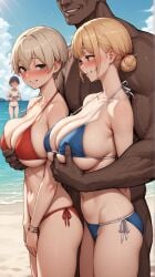 1boy 3girls ai_generated background_character beach big_breasts bikini black_hair black_skin blonde_hair blue_eyes blush blushing blushing_female boobs bracelet breast_grab breasts cleavage collarbone cowboy_shot dark-skinned_male dark_skin face_out_of_frame faceless_male grabbing grabbing_breasts grabbing_from_behind green_eyes grey_eyes grin groping groping_breasts groping_from_behind hair_bun hand_behind_back huge_breasts large_breasts looking_at_another muscular muscular_male navel netorare notreallyhere outdoors sea seaside short_hair shy side-tie_bikini sidelocks silver_hair skindentation sky smile standing