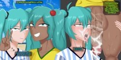 after_fellatio after_oral argentinian_miku big_penis blue_eyes blue_hair brazilian_miku cum cum_in_mouth cum_on_face dark-skinned_female excessive_cum futanari latina light-skinned_female open_mouth peace_sign portuguese_text spanish_text text twintails veiny_penis