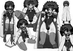 1boy black_and_white blushing bodysuit boots bulge bulge_through_clothing coat embarrassed femboy genshin_impact haoro jacket legs_apart no_background posing scaramouche_(genshin_impact) smaller_male solo solo_male thighhighs thighs twink