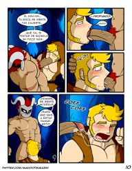 balls bara big_balls big_bulge big_penis blonde_hair blowjob blush bulge comic erection fellatio fellatio_domination gay gay_blowjob makidotsukashi male male/male male_nipples male_only mask masked masked_male muscular_male nipples oral oral_sex penis precum precum_drip red_hair spanish_text text