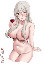 alcohol areola_slip blush breasts brown_eyes commentary_request covered_nipples covered_pussy drunk female female_only grey_hair highres kantai_collection large_breasts long_hair looking_at_viewer navel nude one_eye_closed open_mouth pola_(kantai_collection) pubic_hair sitting smile solo tf_cafe twitter_username wavy_hair white_background wine