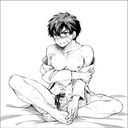 1boy anus barefoot black_hair blush doudanuki_masakuni erection looking_at_viewer male_only penis scar solo sweat testicles tied_penis touken_ranbu undressing