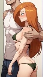 1boy 1girl 1girl1boy 1girls ai_generated arched_back arm_around_shoulders ass bikini blush breasts cheating cheating_girlfriend cowboy_shot face_out_of_frame faceless_male from_side gluteal_fold green_eyes grin hand_on_another&#039;s_shoulder imminent_sex kim_possible kimberly_ann_possible long_hair nervous nervous_smile netorare notreallyhere orange_hair perky_breasts profile size_difference small_bikini smile undersized_clothes