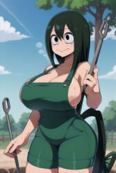 ai_generated farm green_hair holding_object my_hero_academia overalls overalls_only tsuyu_asui