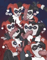 2girls batman_(series) big_breasts bodysuit clone costume dc dc_comics digital_media_(artwork) fellatio female female_only fishhooking harley_quinn harley_quinn_(classic) heart_hands heart_hands_duo licking oral penis selfcest speech_bubble square_crossover suicide_squad:_kill_the_justice_league theweirdibi veiny