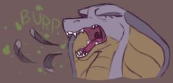 animal_humanoid anthro burping closed_eyes cobra feathers female humanoid onomatopoeia open_mouth oral_vore reptile rubenafterhours scalie scalie_humanoid simple_background snake solo sound_effects text vore