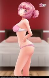 1girls bedroom bra clouddg doki_doki_literature_club female female_only female_solo looking_at_viewer natsuki_(doki_doki_literature_club) no_clothes no_clothing only_female panties pink_eyes pink_hair short_hair smile solo solo_female solo_only thong underwear underwear_only