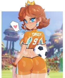 1girls ass ball bike_shorts blue_eyes breasts brown_hair crowd crown earrings female flower_earrings freckles heart heavy_breathing highres jewelry looking_back mario_(series) mario_strikers medium_breasts midriff minicop2001 nintendo orange_shorts princess_daisy smile soccer_ball solo spoken_heart sweat thigh_gap tomboy