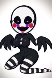 3_fingers :d ai_generated animatronic animatronic_female black_skin eyelashes_visible_through_hair five_nights_at_freddy's five_nights_at_freddy's_2 haunted kneeling long_fingerless_glove looking_at_viewer marionette marionette_(fnaf) masked masked_female no_nipples pixai possessed puppet_(fnaf) red_cheeks robot_girl simple_background slim_waist striped_arms striped_legs thick_thighs three_fingers ultimate_custom_night white_pupils