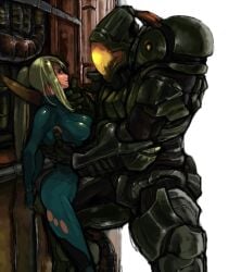 against_wall armor blonde_hair bodysuit female metroid ponytail power_armor power_suit samus_aran size_difference torn_clothes weavel you_gonna_get_raped zero_suit zero_suit_samus