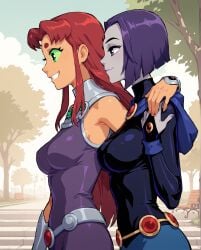 2girls ai_generated bodysuit cartoon_network female female_only koriand'r multiple_girls notreallyhere purple_hair raven_(dc) red_hair smile starfire tagme tamaranean teen_titans