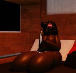 1futa 3d big_breasts black_hair cum cum_on_thighs dark_skinned_female drooling futanari goofylookin large_penis masturbation on_bed roblox source_request