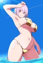 1girls anime big_breasts bikini breasts daytime female female_focus female_only light-skinned_female light_skin masakin midriff navel pink_eyes pink_hair shinjou_akane short_hair solo solo_female solo_focus ssss.gridman sunlight thighs water