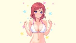 animated bent_wrist bikini blush bouncing_breasts breasts cleavage embarrassed female highres large_breasts love_live! love_live!_school_idol_project mignon navel nishikino_maki purple_eyes red_hair stars swimsuit