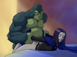 animated beast_boy bestiality clothed dc_comics female from_behind gif green_fur grey_skin purple_hair rachel_roth raven_(dc) shape_shifter smooth_skin tagme teen_titans