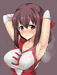 1girls armpits arms_behind_head blush breasts brown_background brown_hair cum cum_on_body cum_on_upper_body female girls_und_panzer gym_uniform headband kondou_taeko kuragari long_hair purple_eyes solo sportswear sweat upper_body volleyball_uniform