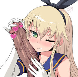 1boy big_penis bosshi censored dark-skinned_male dark_skin female heart_censor highres kantai_collection penis penis_hugging shimakaze_(kantai_collection) solo_focus